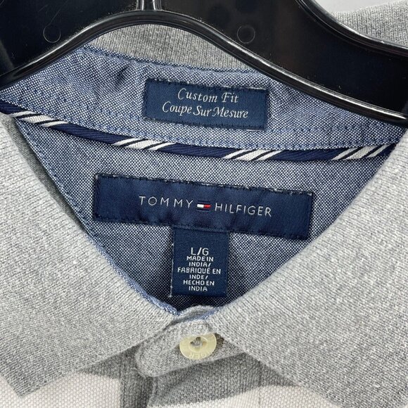 Tommy Hilfiger Men's Large Polo Shirt Custom Fit Preppy Gray Striped Rugby - Picture 3 of 8